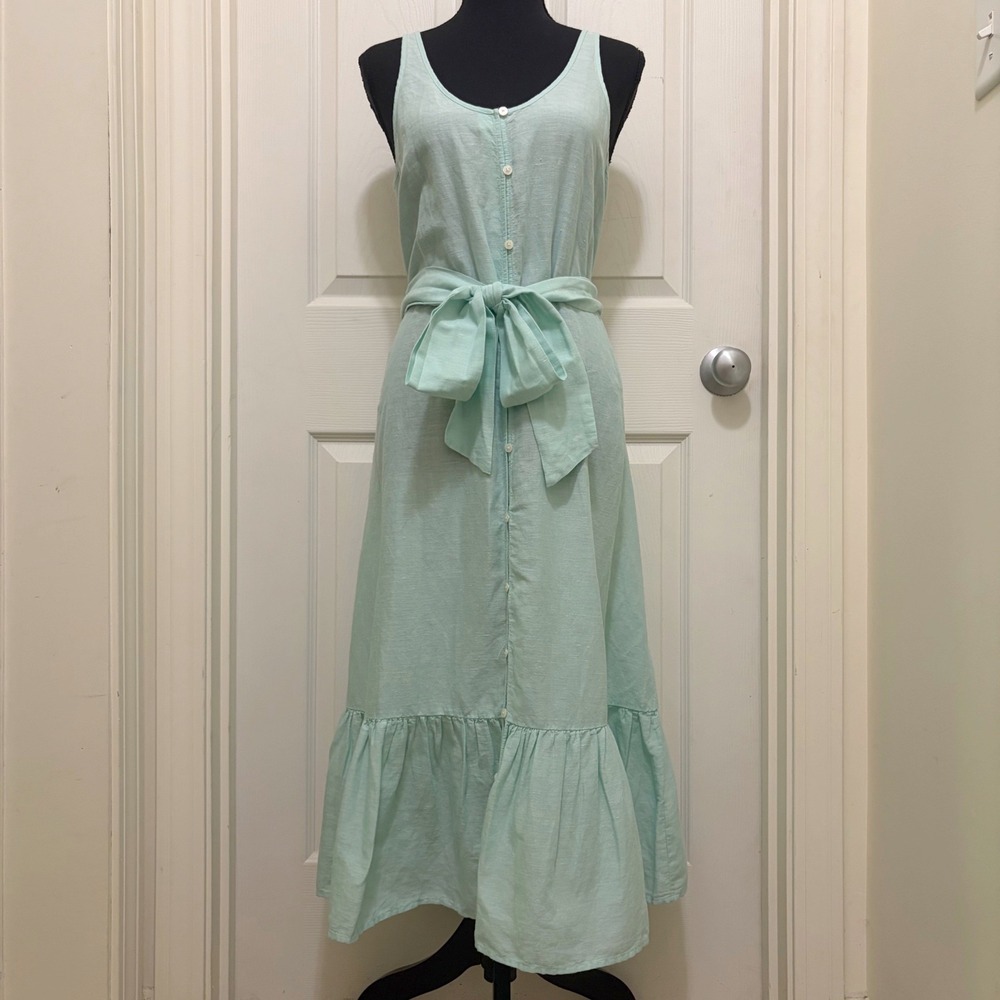 J.Crew Beachwear Sleeveless Button Front Midi Dress Linen Blend XS Aqua Ruffle